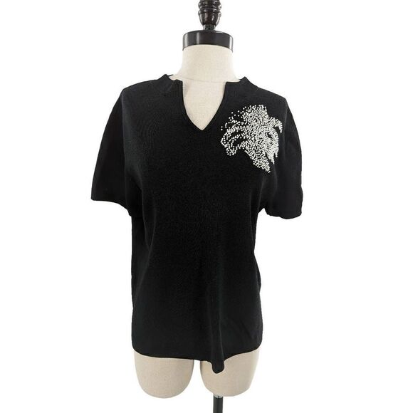 Sigrid Olsen Women Black Abstract Embroidered Knit Blouse Size XL - Picture 7 of 12